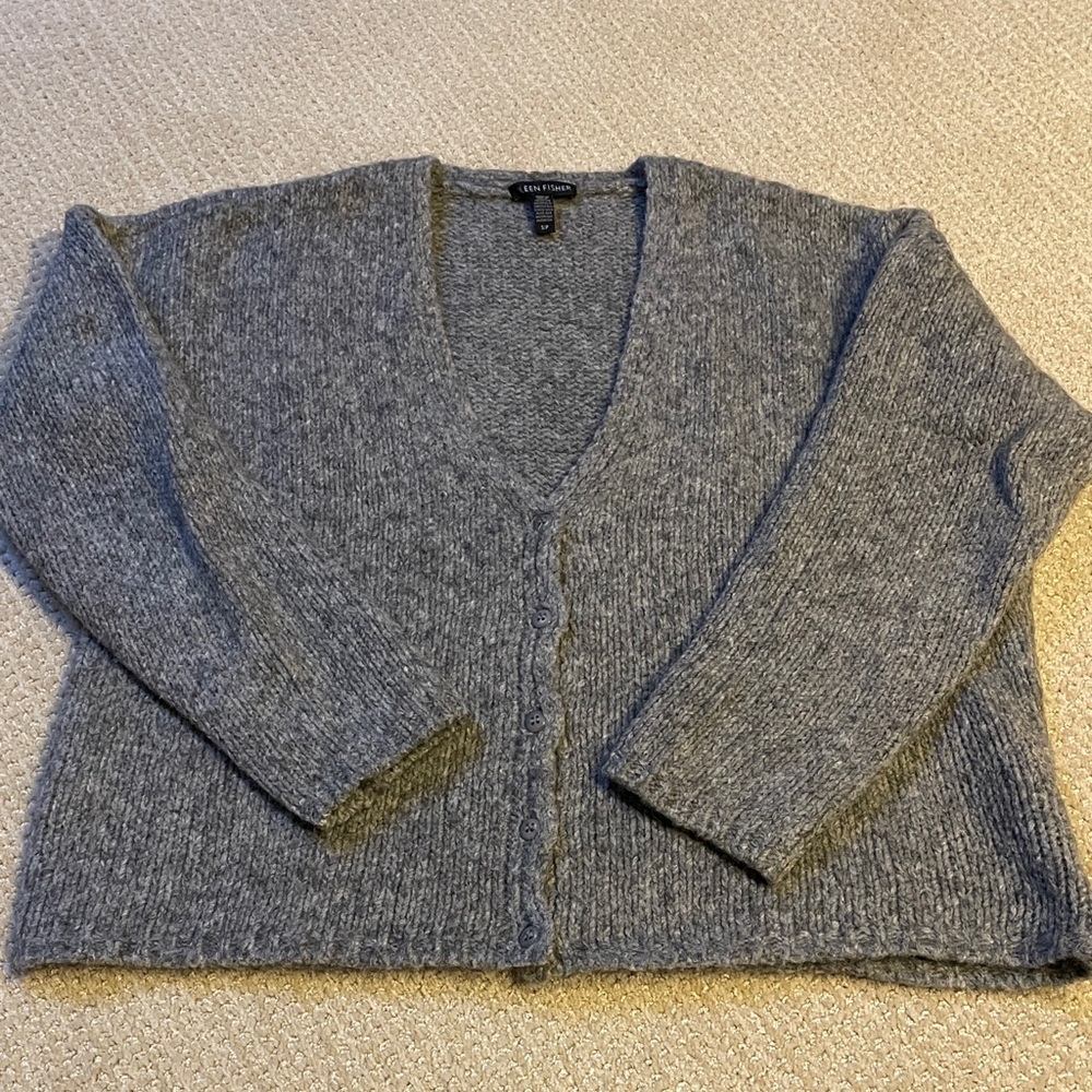Eileen Fisher Boxy Alpaca Cotton Bland V-Neck Cardigan